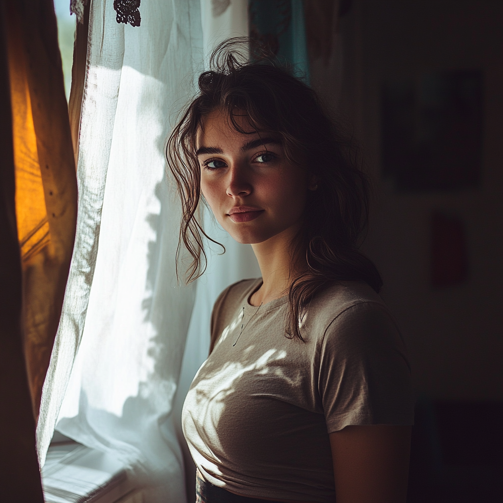 A young woman standing in her room | Source: Midjourney