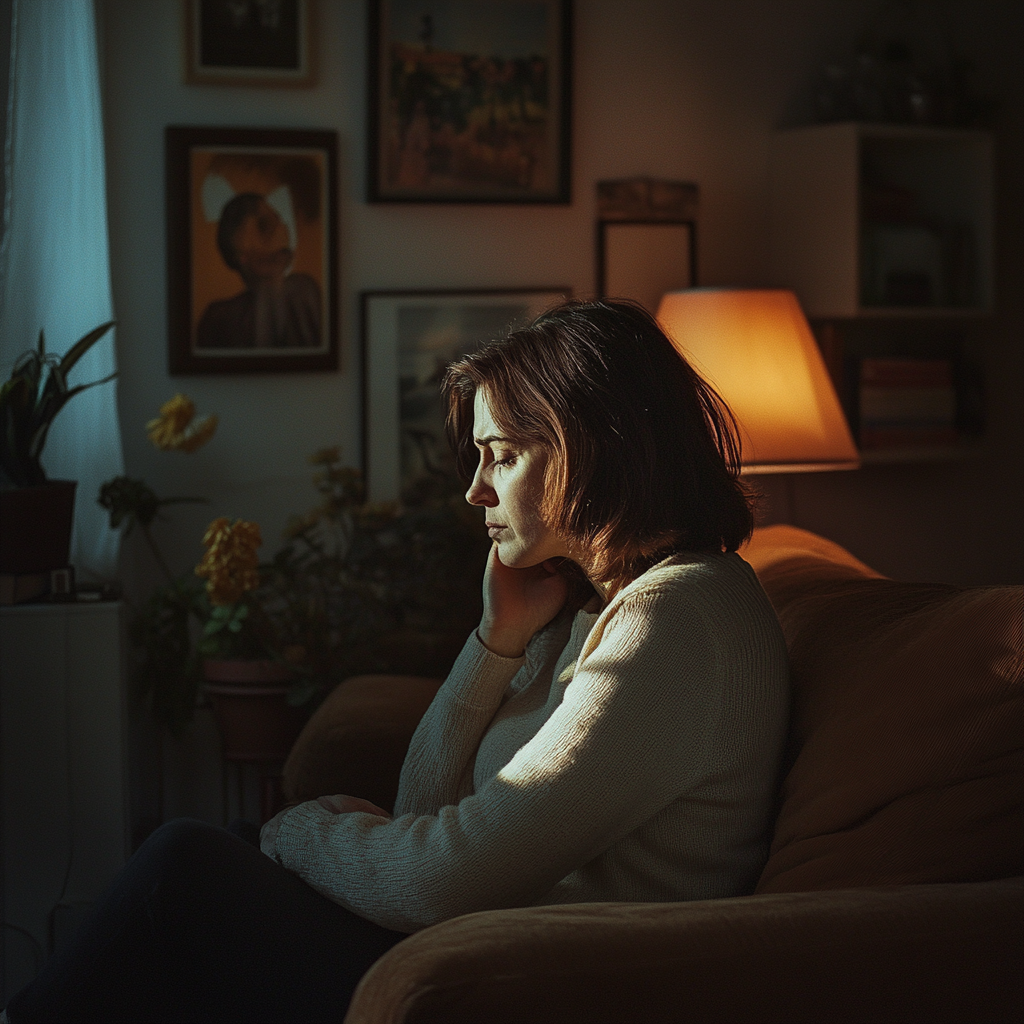 A heartbroken woman in her living room ⏐ Source: Midjourney