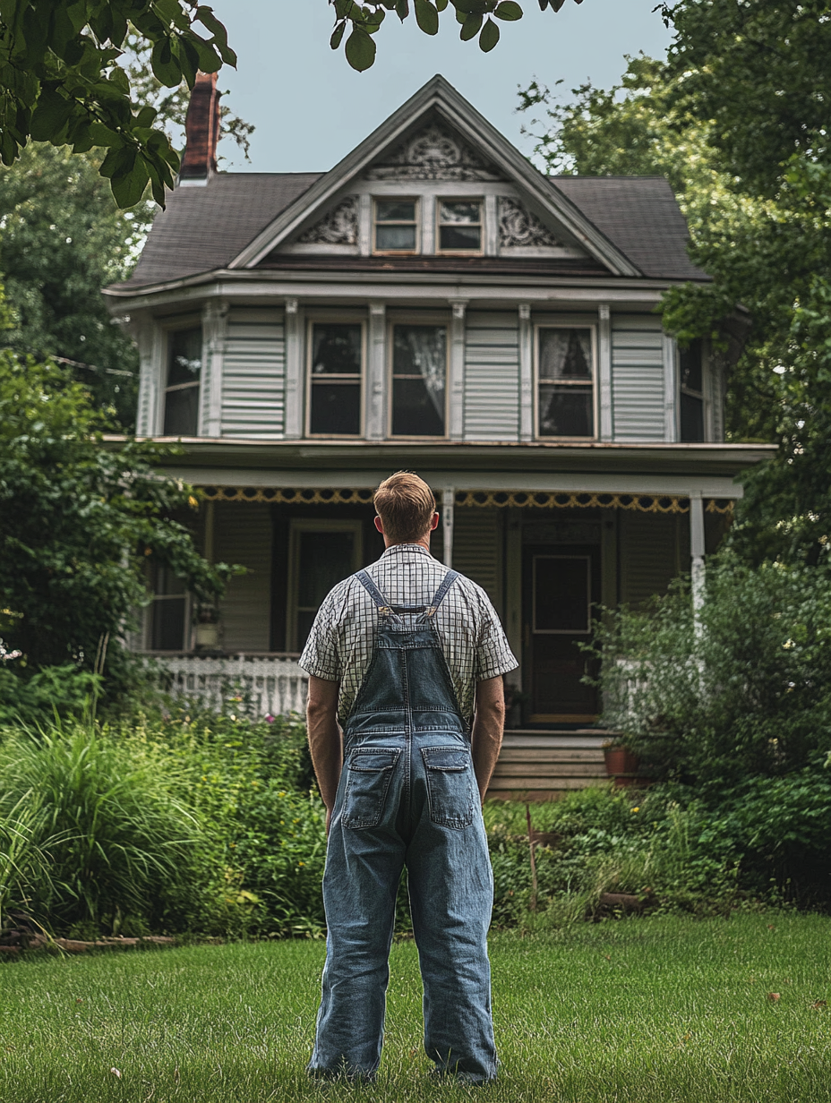 A man staring up at an old house | Source: Midjourney