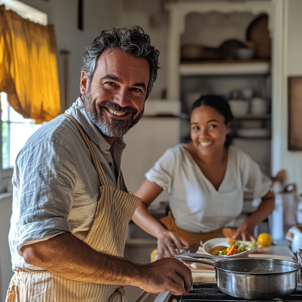 A man receiving cooking lessons from his children's nanny | Source: Midjourney