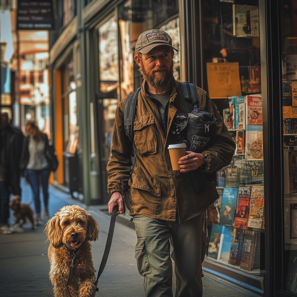 A man outside a bookstore holding a cup of coffee in one hand and a dog's leash in the other | Source: Midjourney