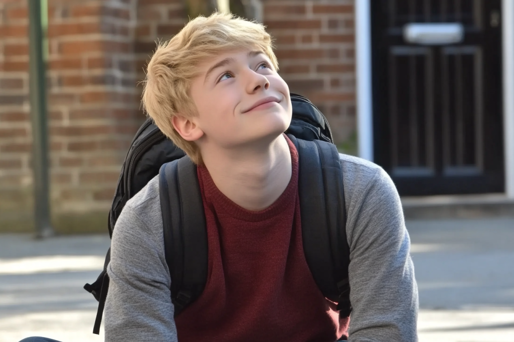 A teen boy kneeling in a courtyard | Source: Midjourney