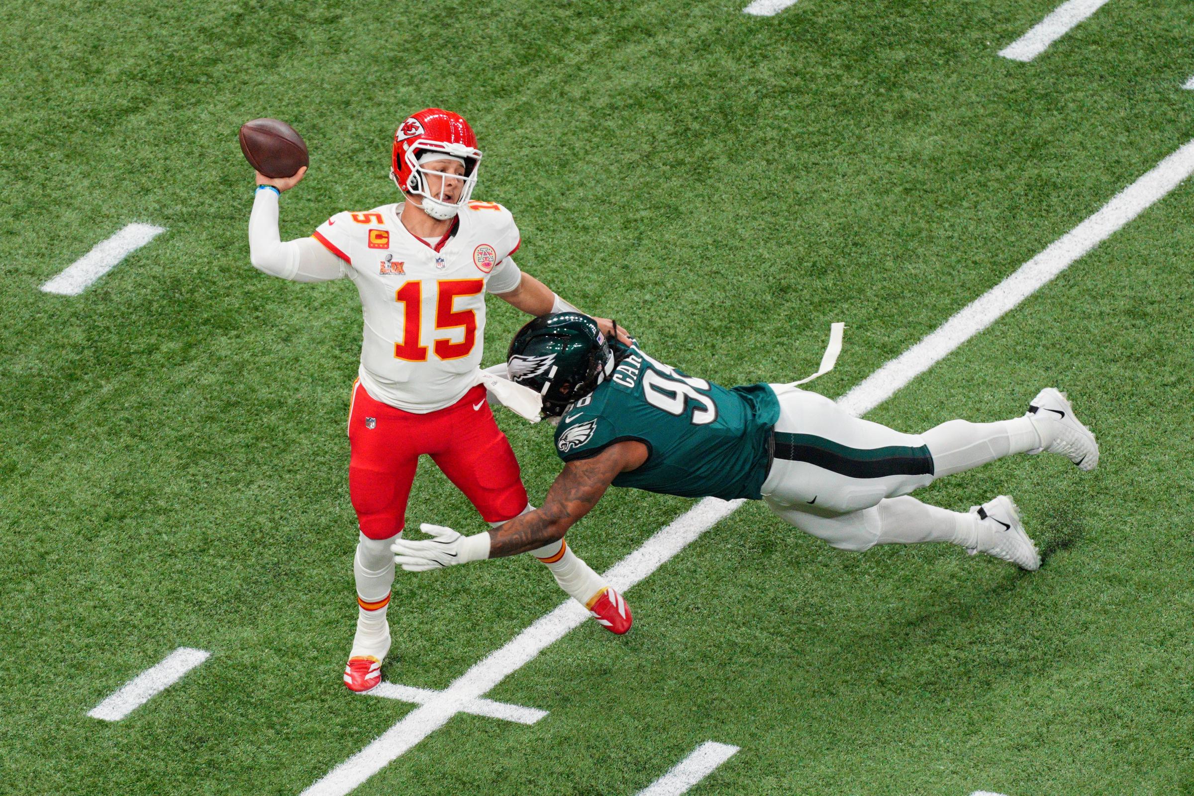 Patrick Mahomes and Jalen Carter during Super Bowl LIX on February 9, 2025. | Source: Getty Images