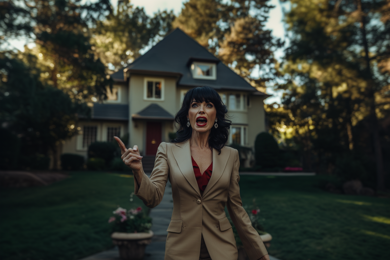 Elegant woman in her late 30s yelling at someone in front of a house | Source: Midjourney