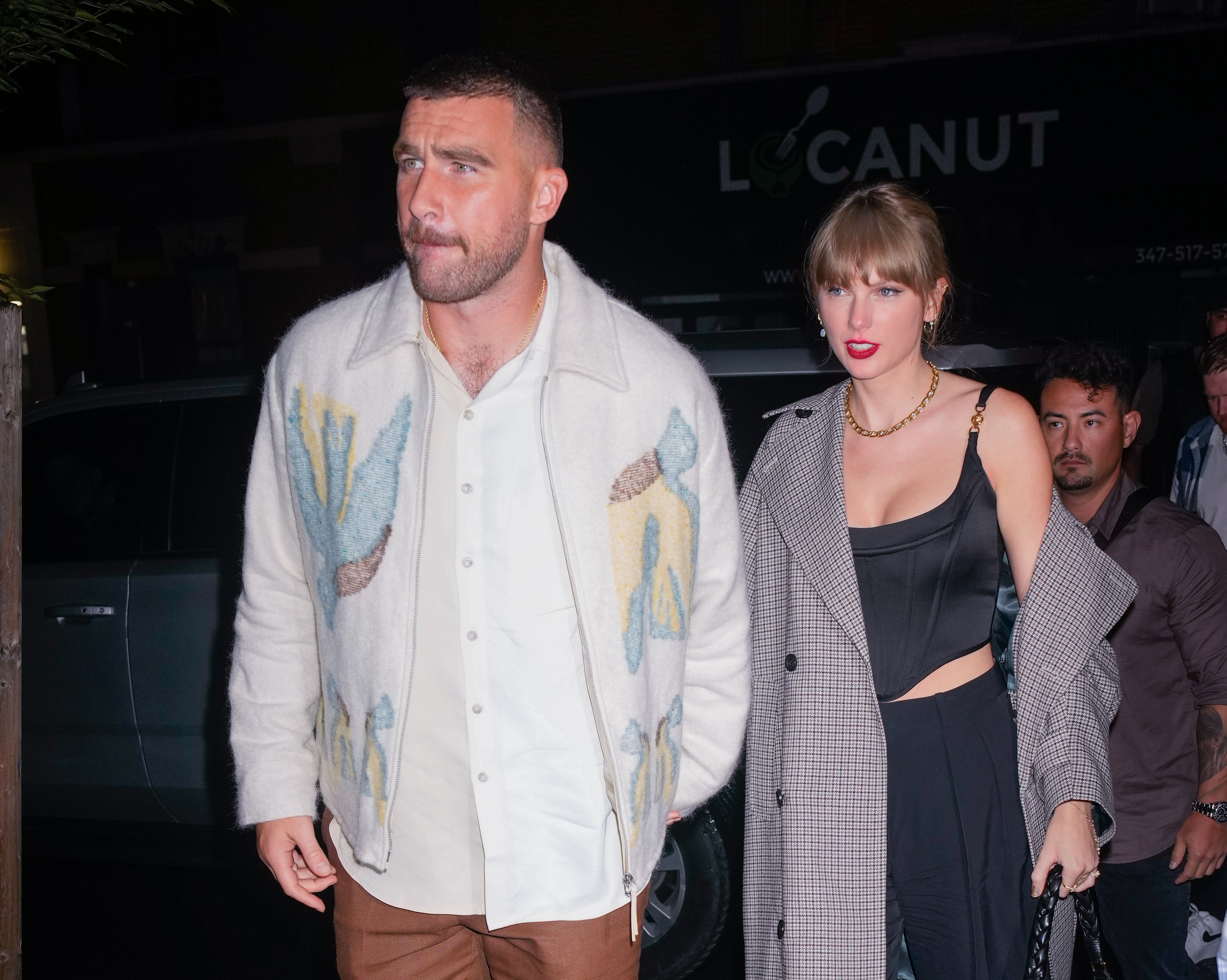 Travis Kelce with his current girlfriend Taylor Swift arrives at SNL afterparty on October 15, 2023, in New York City | Source: Getty Images