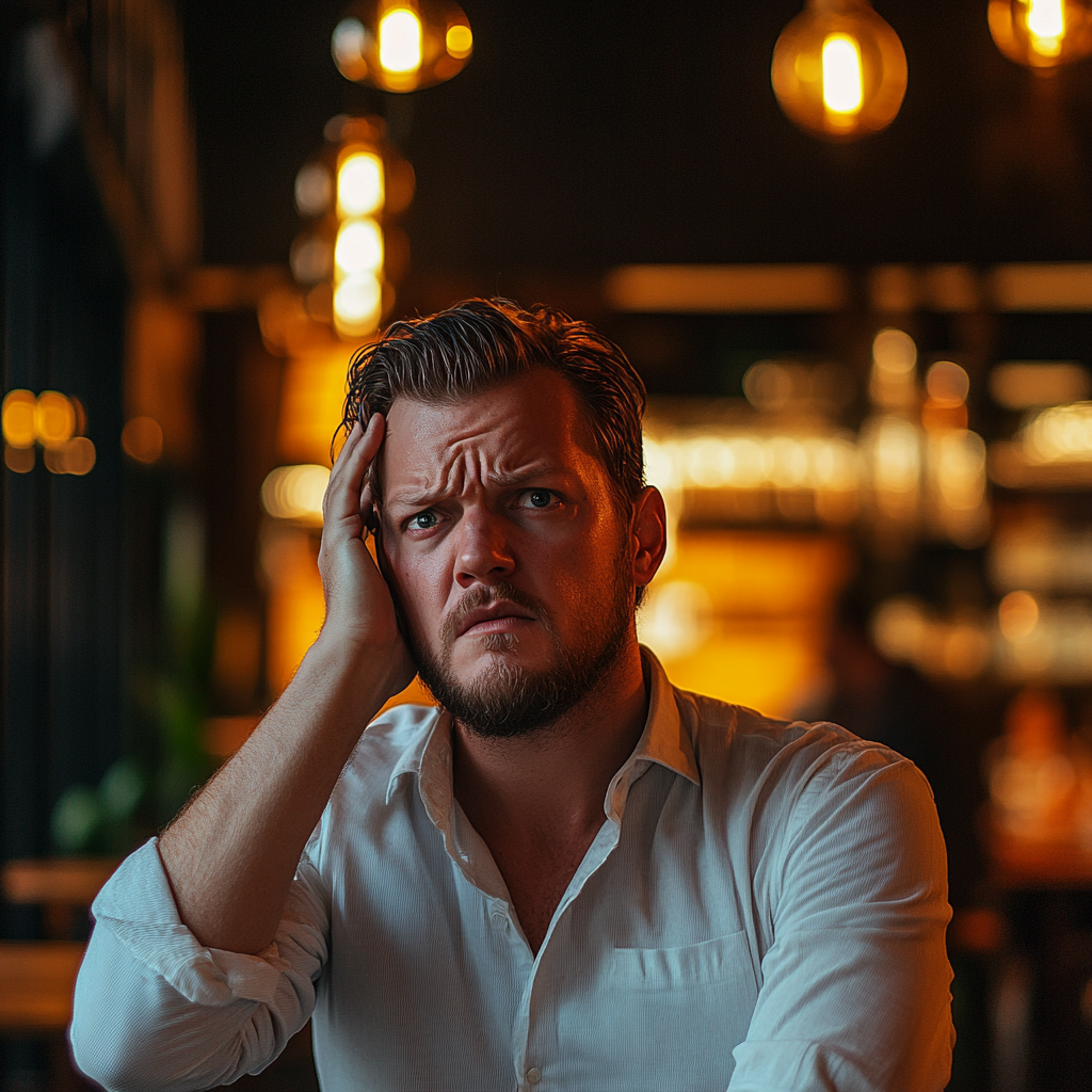 A man looking desperate and defeated while standing in a restaurant | Source: Midjourney