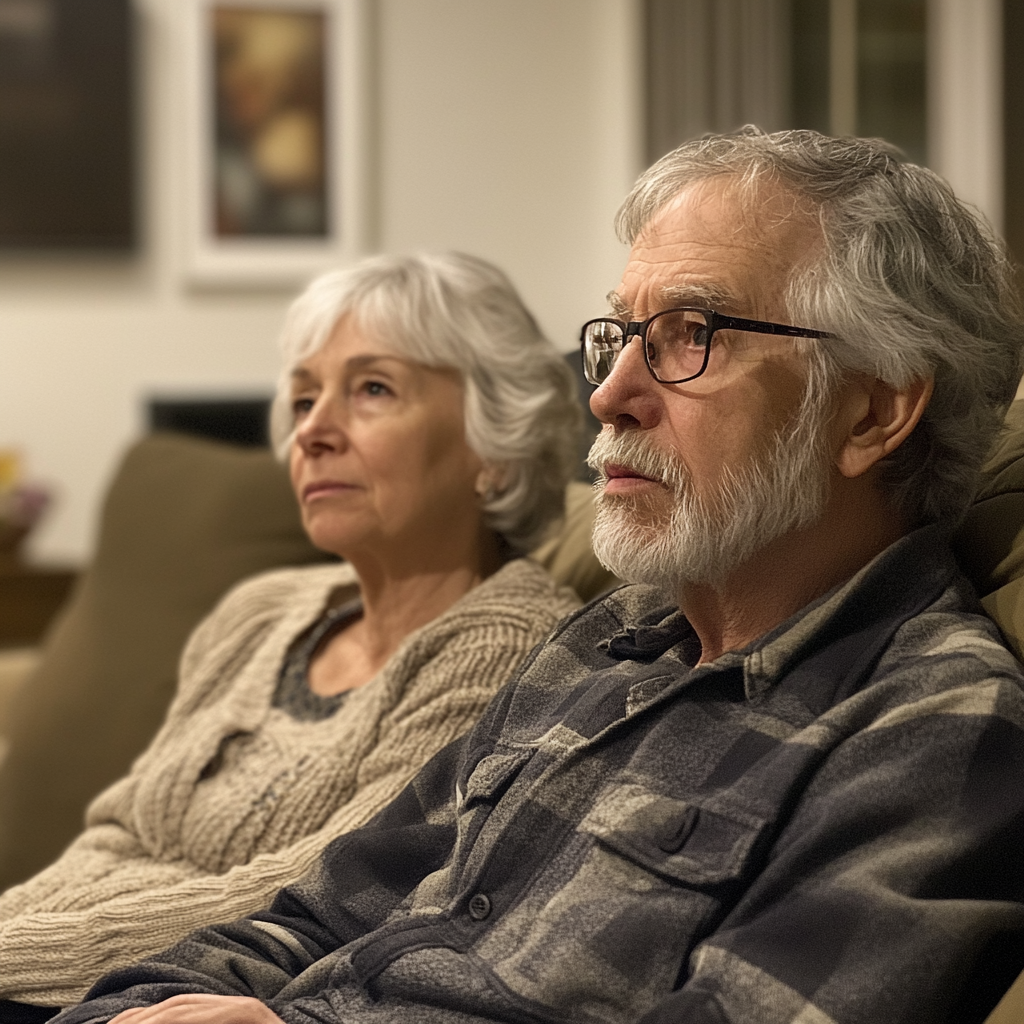 An elderly couple sitting on a couch | Source: Midjourney