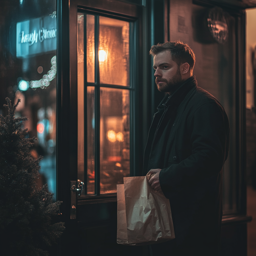 A man with takeout bags near an apartment door | Source: Midjourney