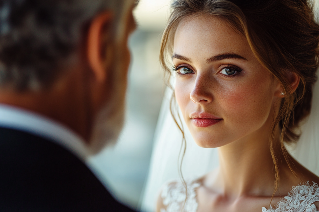 A bride standing face-to-face with her father, engaged in a tense conversation. | Source: Midjourney