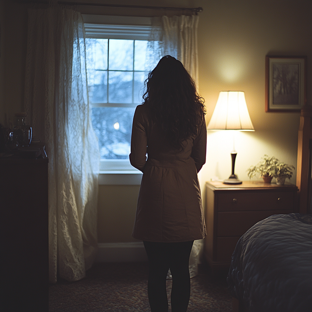 A fearful woman in her bedroom | Source: Midjourney