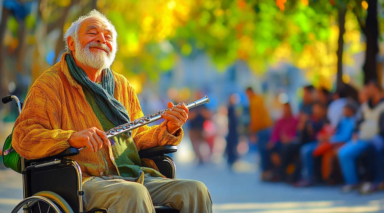 An older man in a wheelchair holding a flute | Source: Midjourney