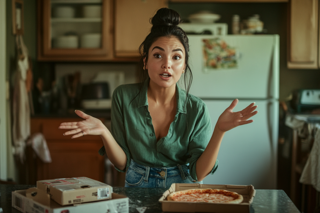 A woman animatedly talking, gesturing with her hands while seated at a cluttered kitchen table | Source: Midjourney