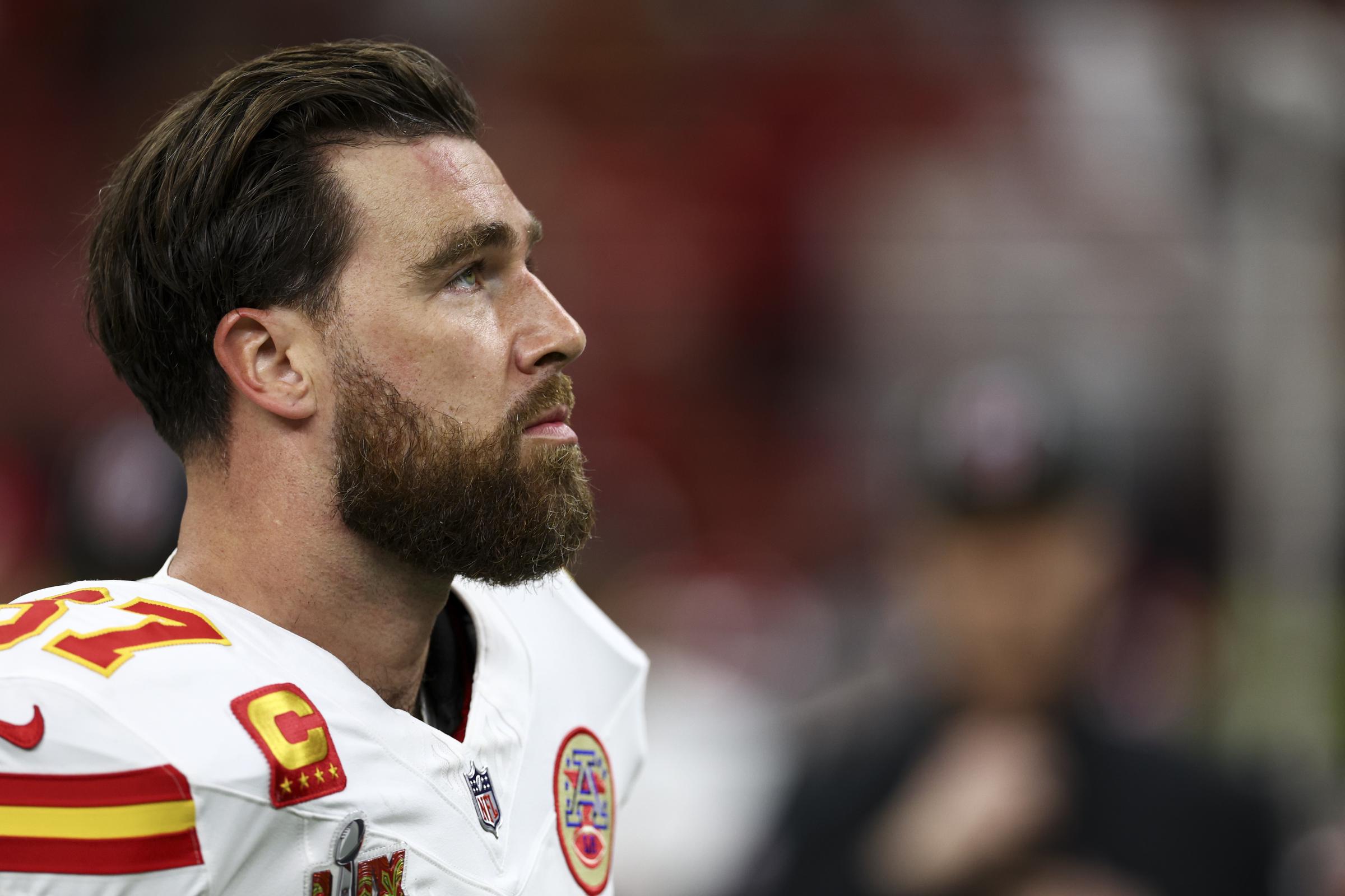 Travis Kelce of the Kansas City Chiefs reacting on the field during Super Bowl LIX at Caesars Superdome on February 9, 2025, in New Orleans, Louisiana. | Source: Getty Images