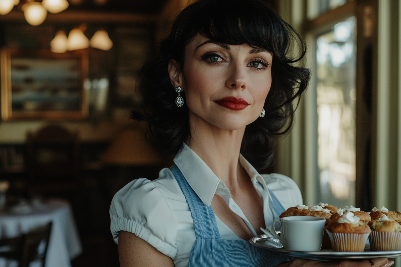 Woman wearing a blue and white waitress uniform working in a café | Source: Midjourney