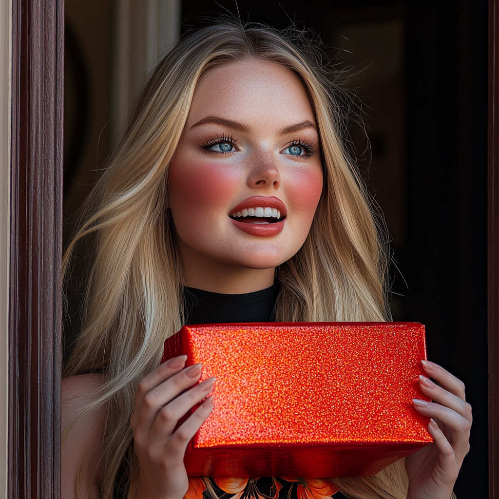 An excited woman holding a gift box | Source: Midjourney