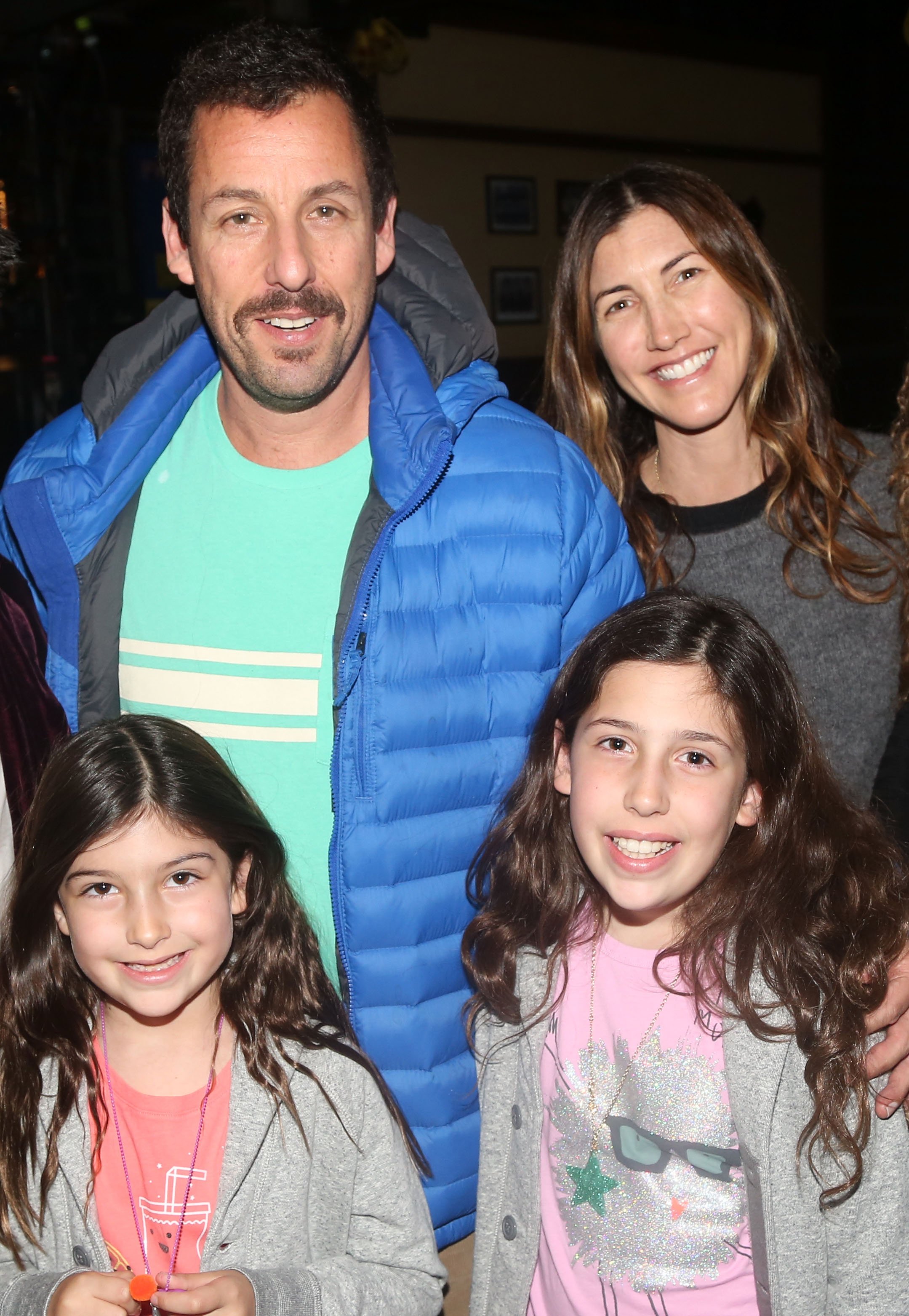 Adam and Jackie Sandler with daughters Sunny and Sadie backstage at "School of Rock" on Broadway in New York City, March 23, 2016 | Source: Getty Images