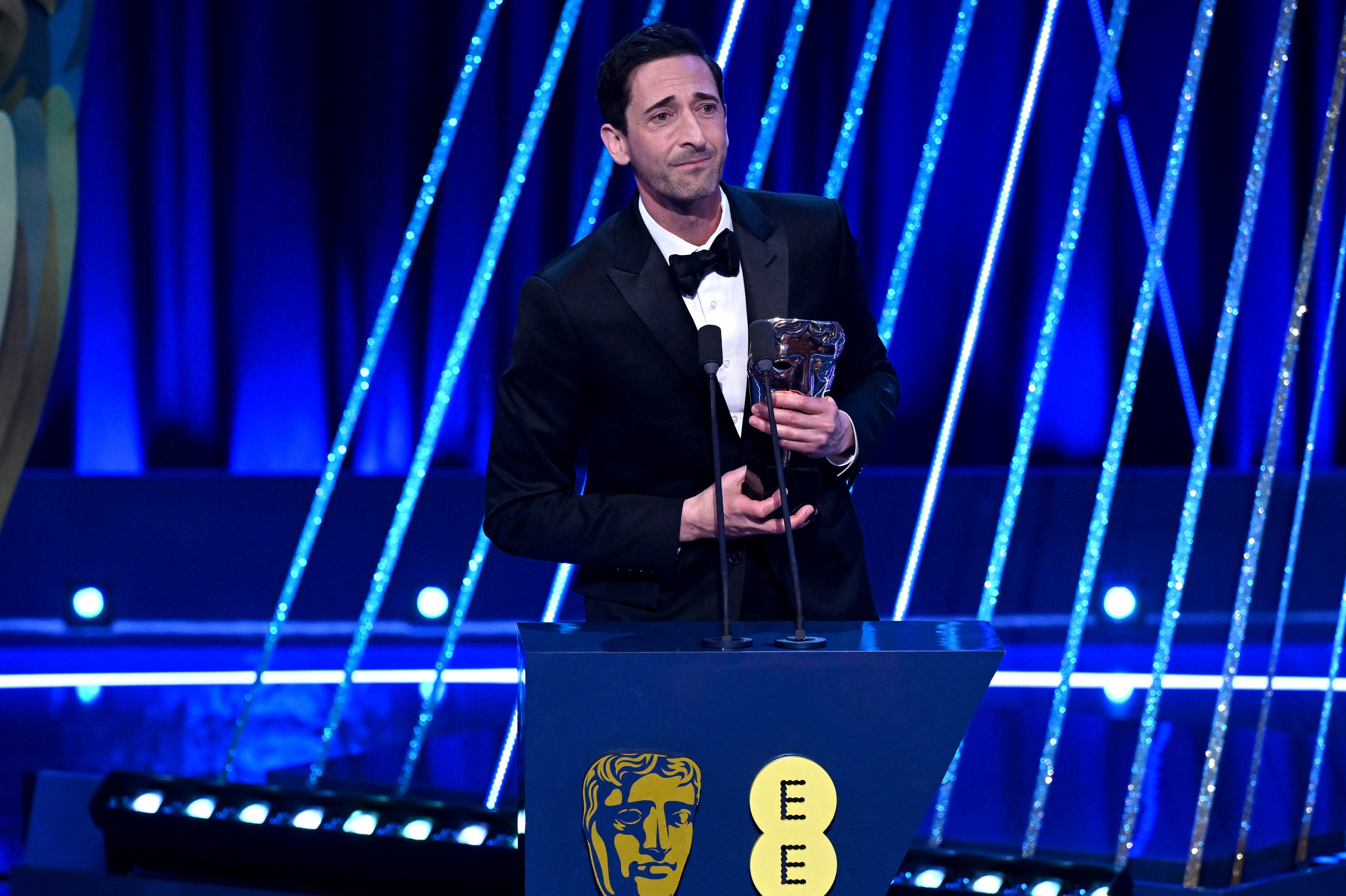 Adrien Brody accepts the Leading Actor Award for "The Brutalist" on February 16, 2025 | Source: Getty Images