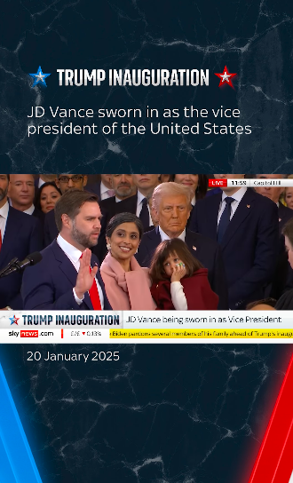 JD Vance being sworn in as Vice President while his wife Usha Vance smiles beside him with their daughter in her arms and Donald Trump behind them, posted on January 20, 2025. | Source: Instagram/skynews