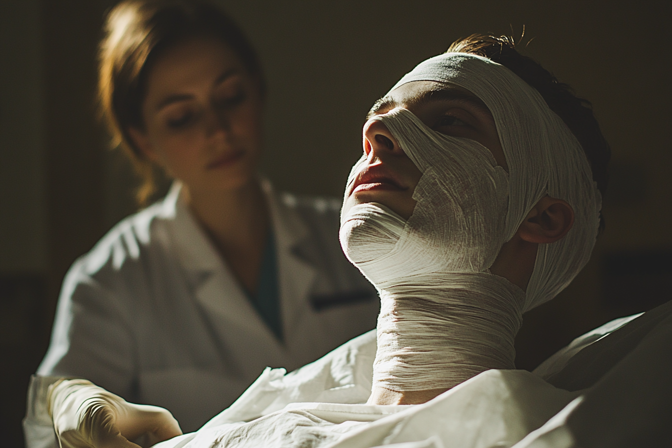 Female doctor attending to a patient covered in bandages | Source: Midjourney