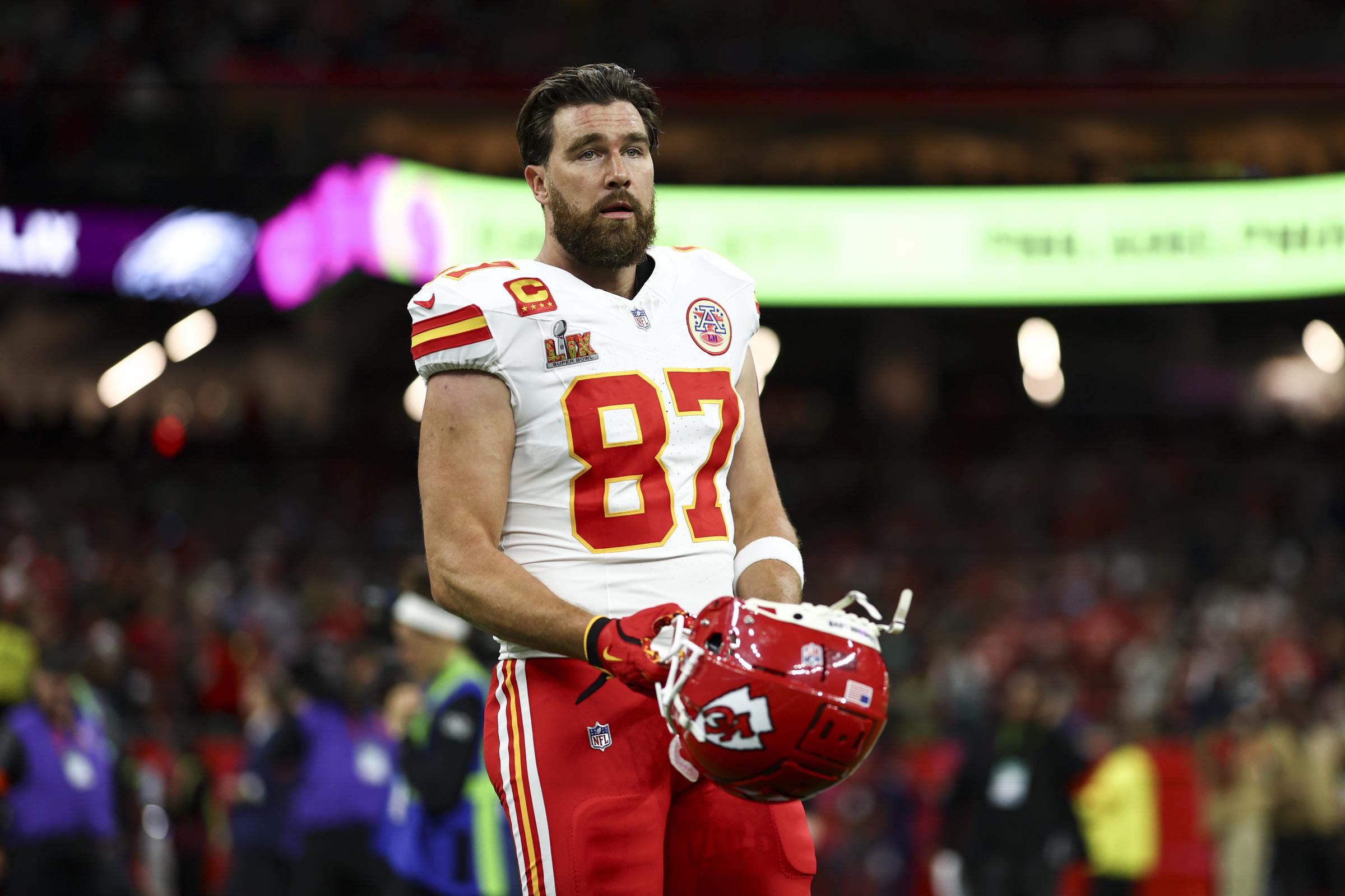 Travis Kelce reacts on the field before Super Bowl LIX at Caesars Superdome on February 9, 2025 | Source: Getty Images