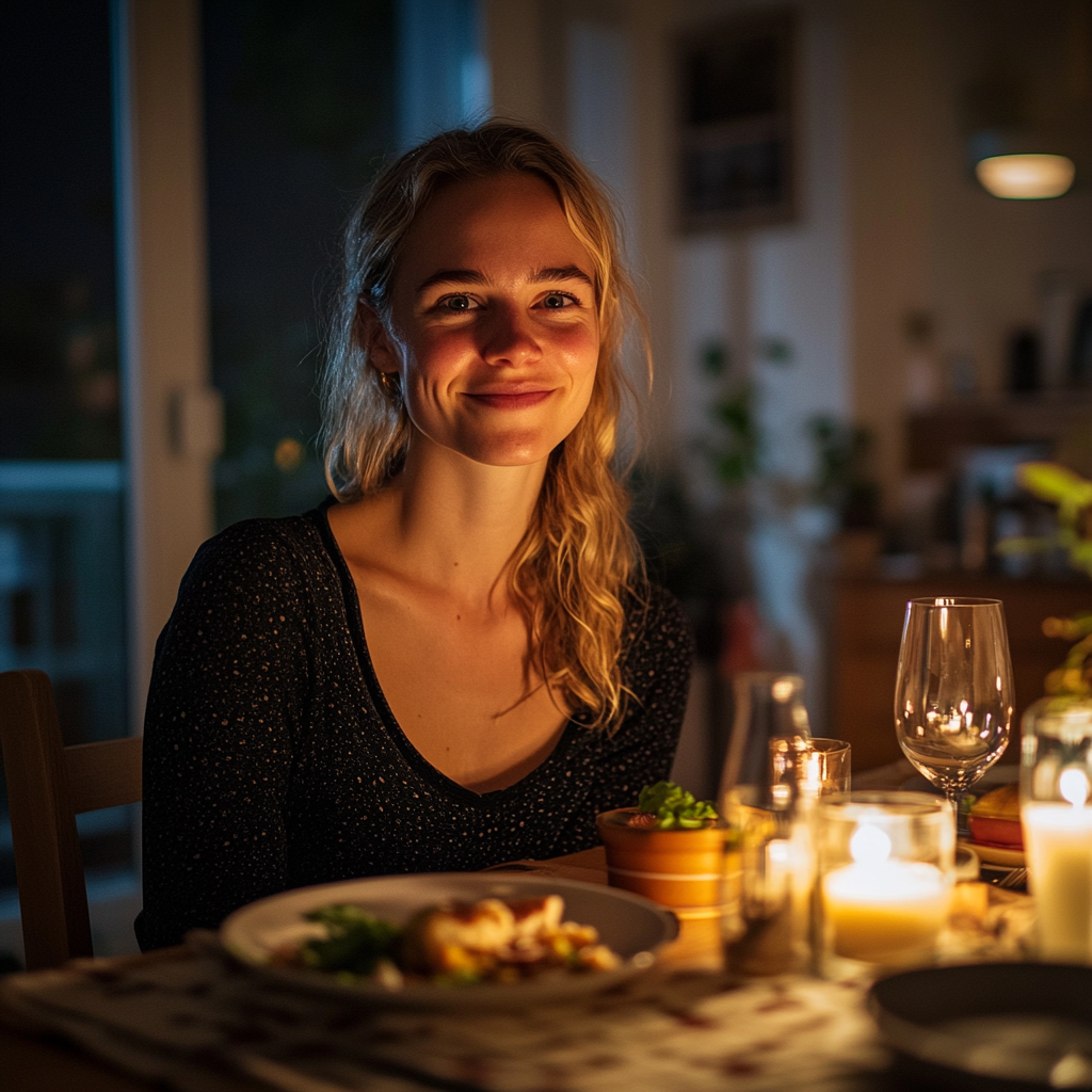 A woman sitting at the dinner table | Source: Midjourney