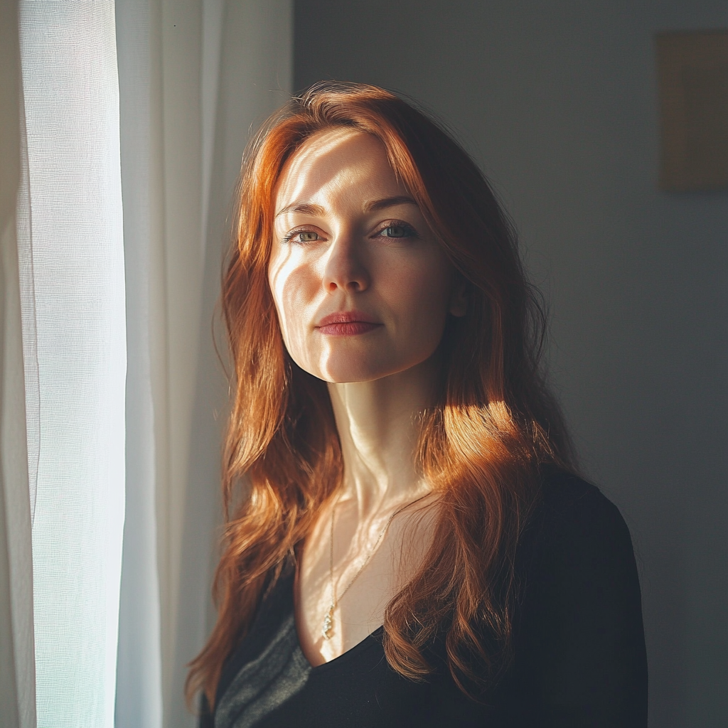 A woman standing near a window | Source: Midjourney