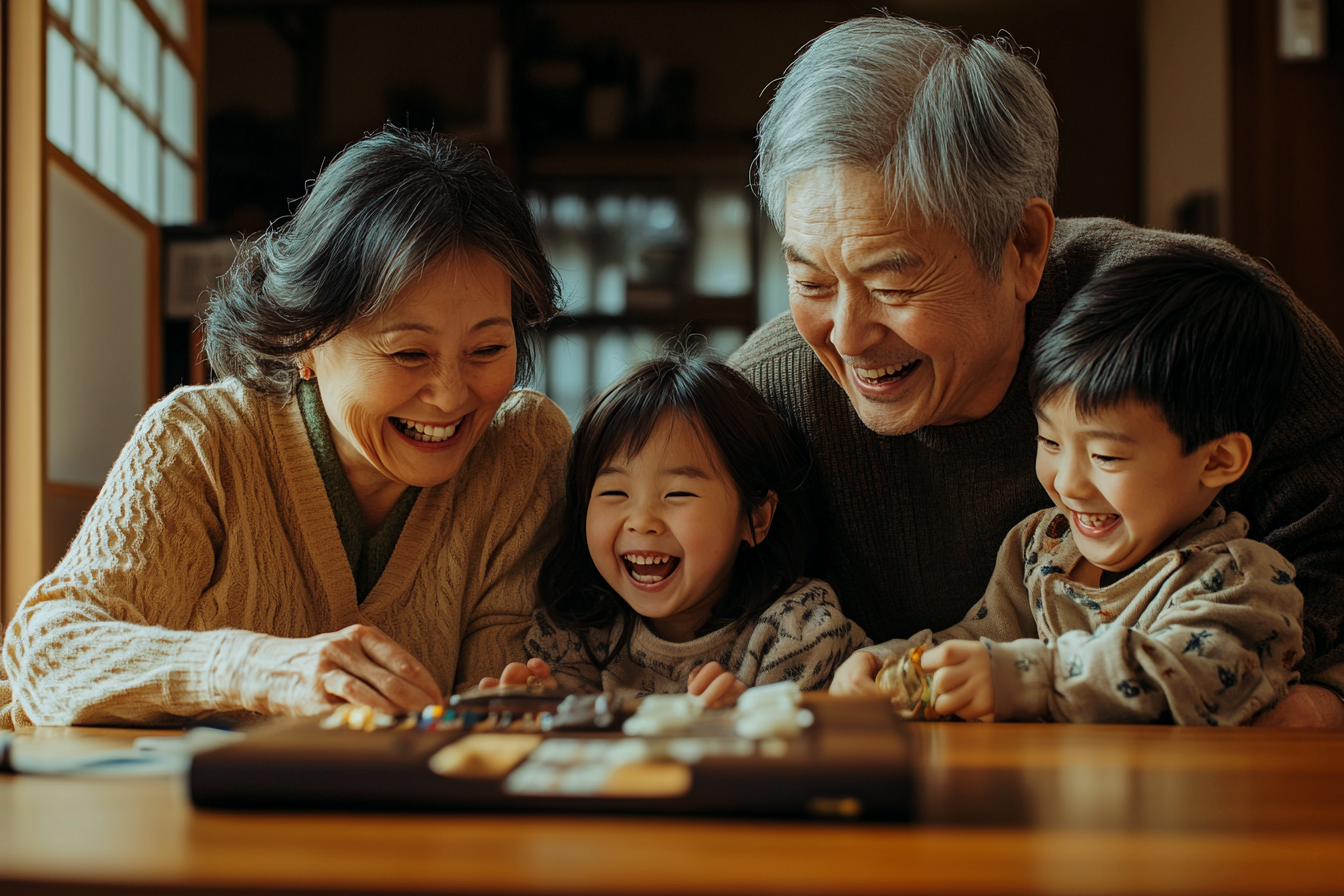 An elderly couple playing with their 4-year-old twin grandchildren | Source: Midjourney