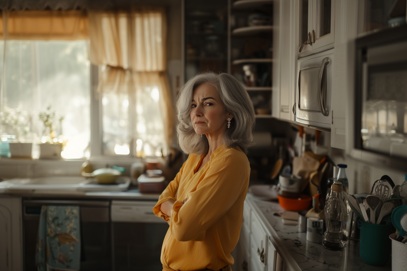 An angry woman with her arms crossed in a messy kitchen | Source: Midjourney