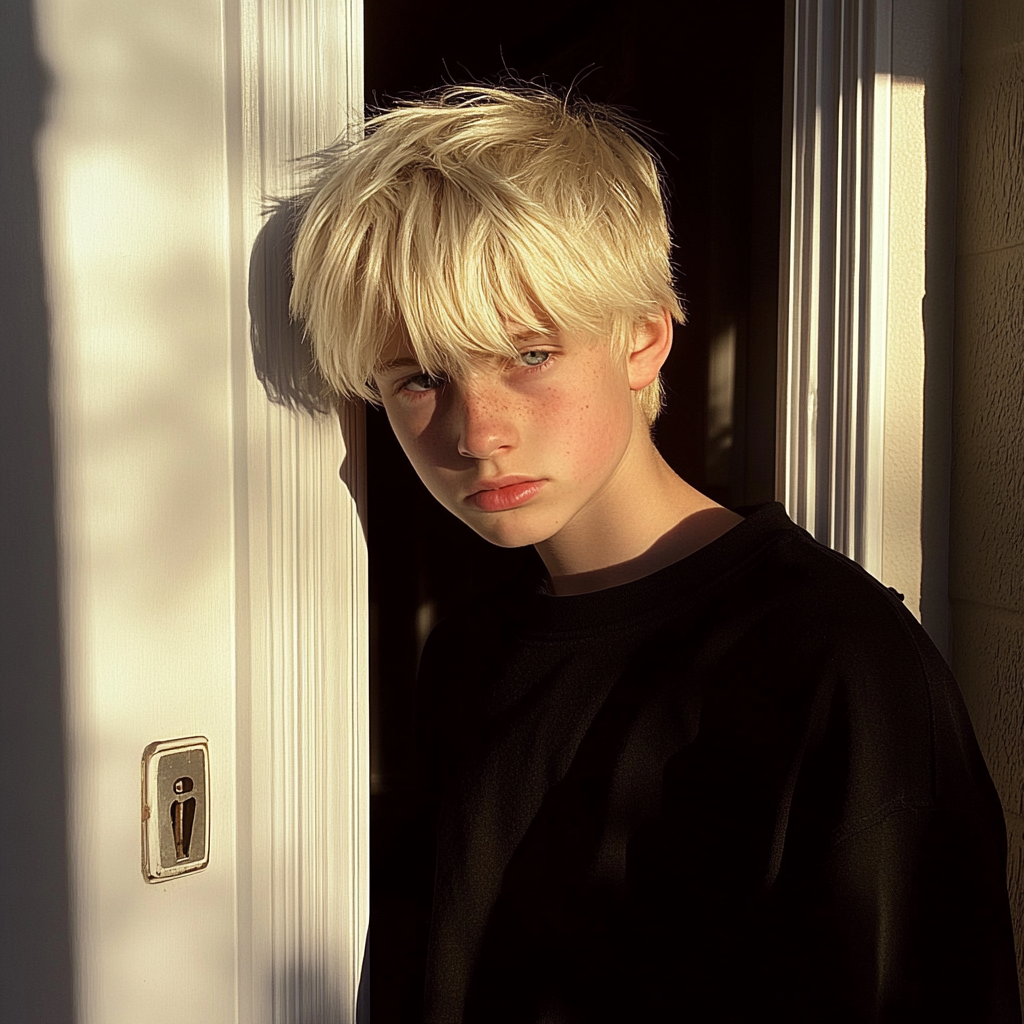 A teenage boy standing in a doorway | Source: Midjourney