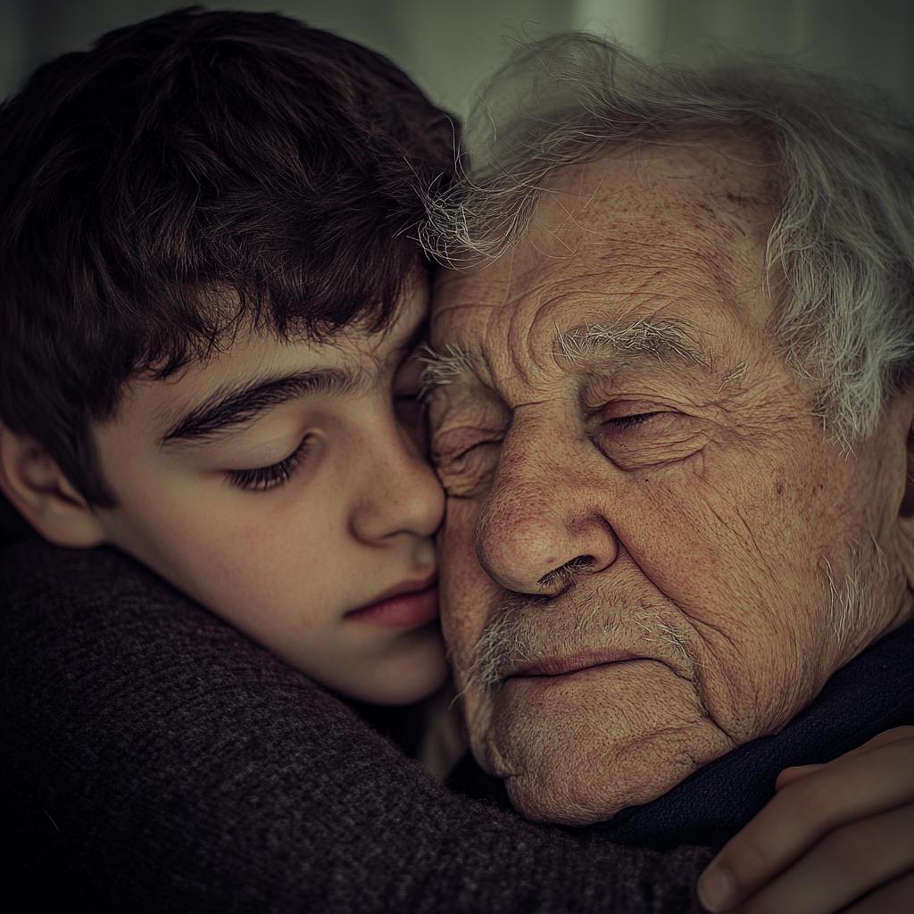 A boy hugging his frail father | Source: Midjourney