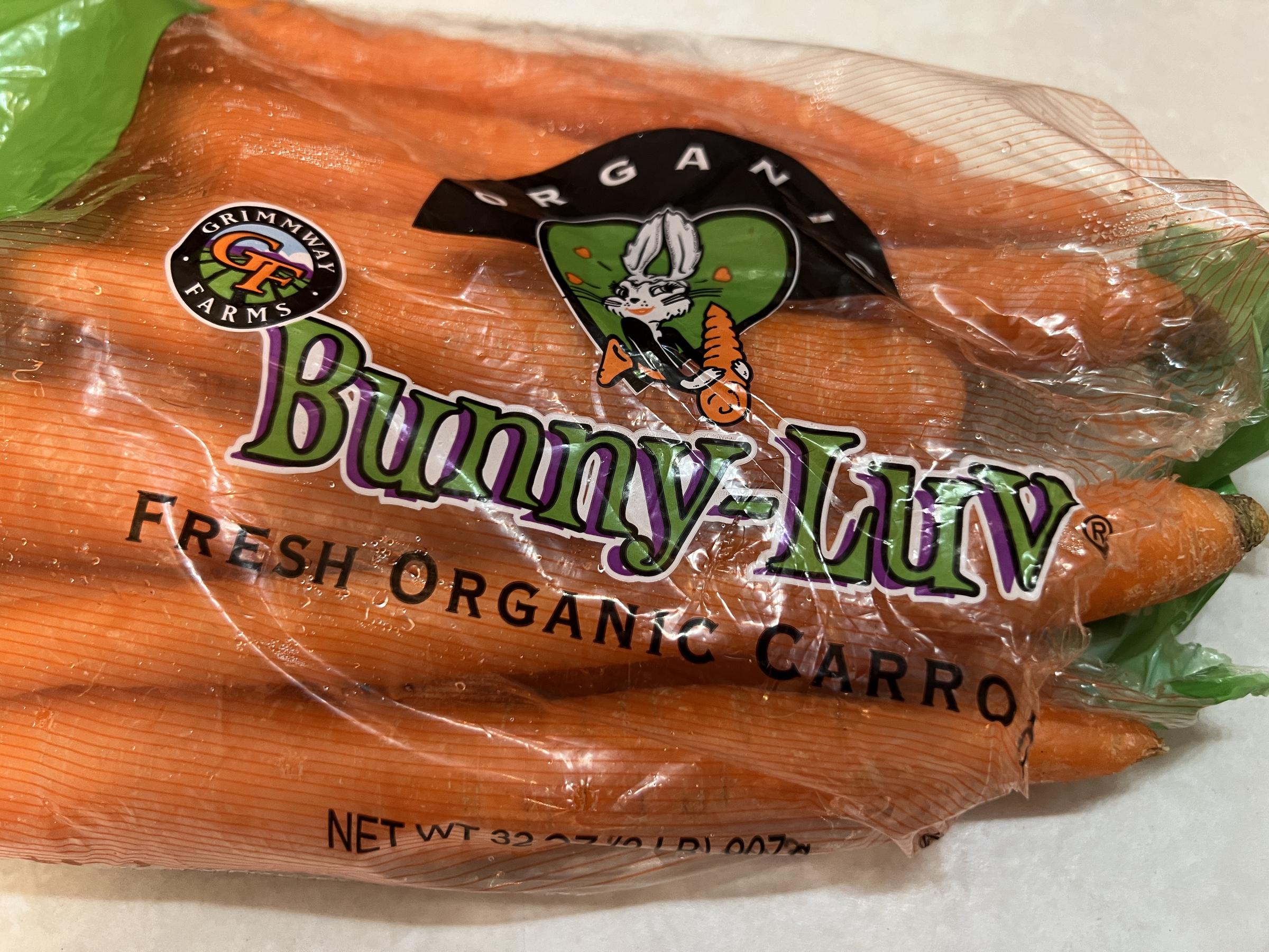 A close-up photo of a packet of Bunny Luv organic carrots from Grimmway Farms in Lafayette, California. | Source: Getty Images