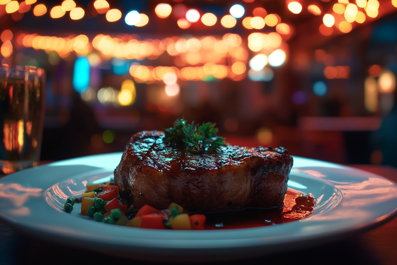 Plate of steak in a restaurant | Source: Midjourney