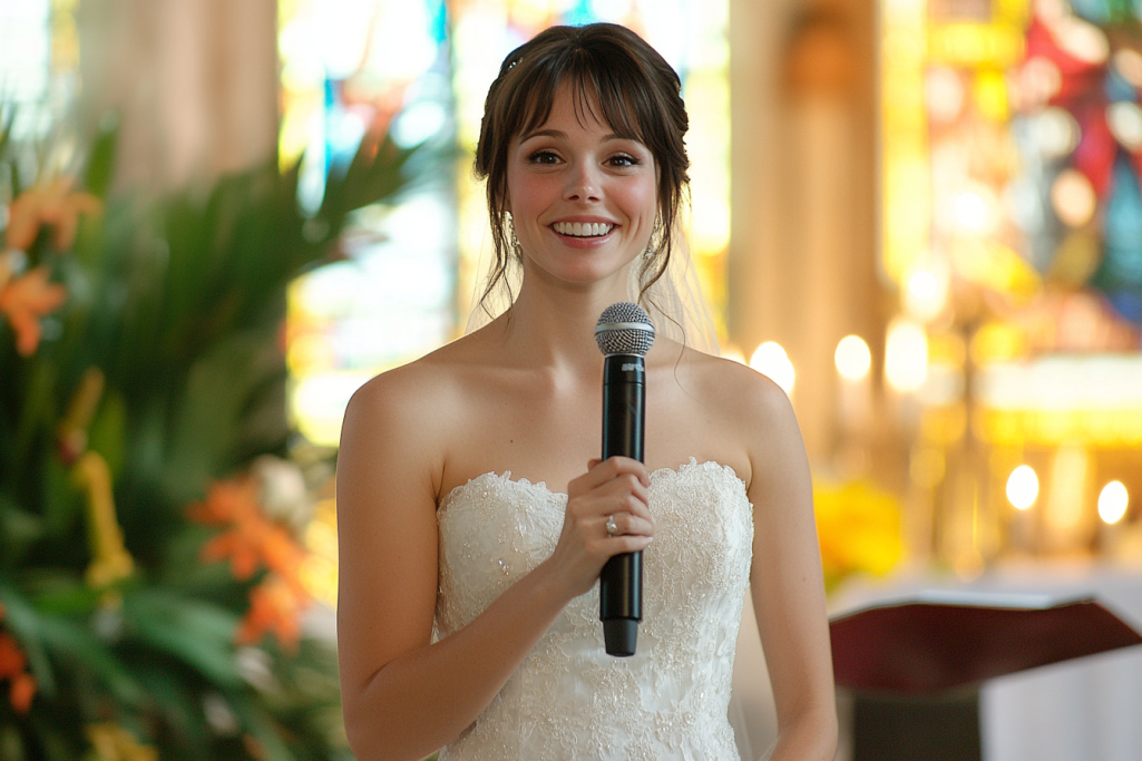 A bride speaking into a microphone | Source: Midjourney