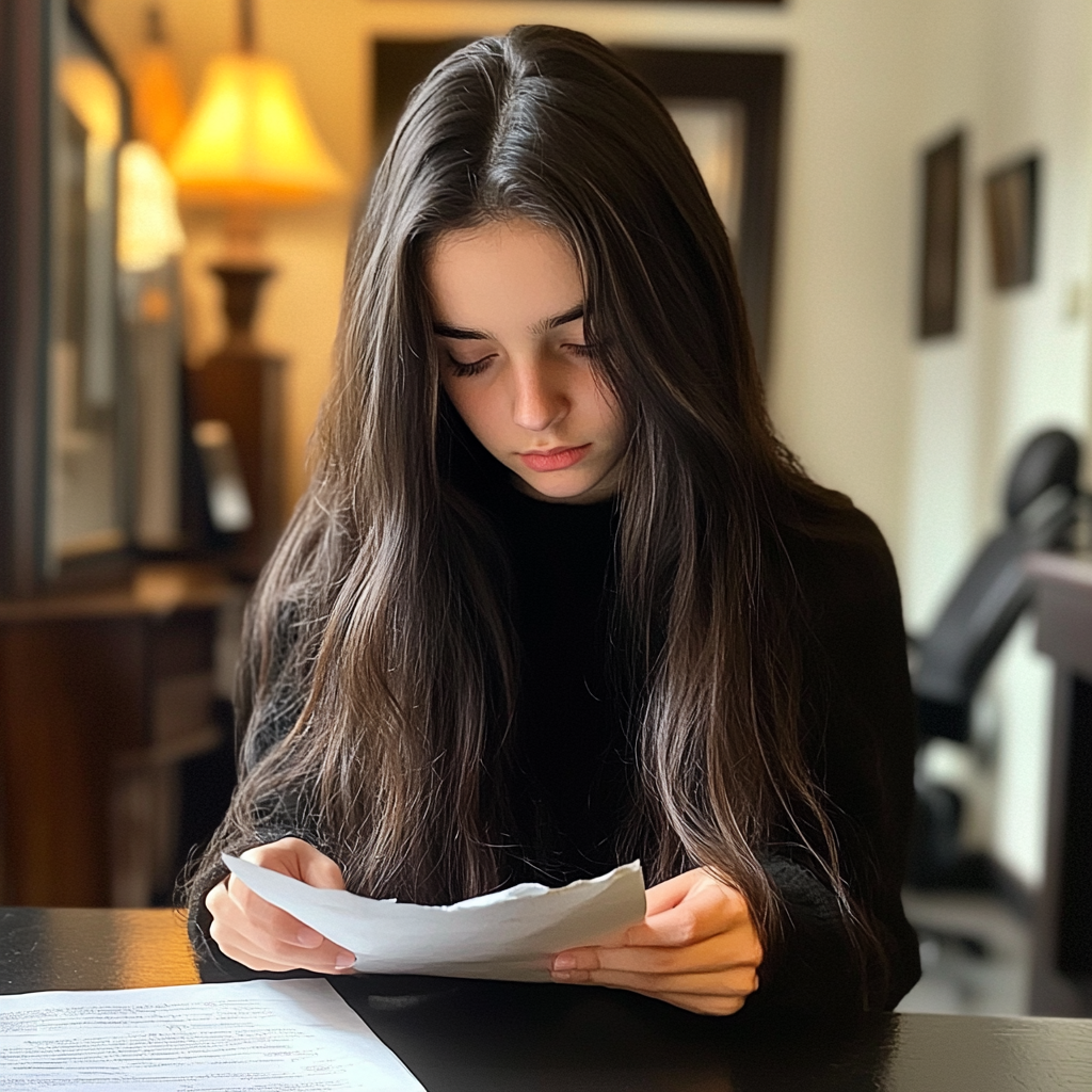 A teenage girl reading a letter | Source: Midjourney