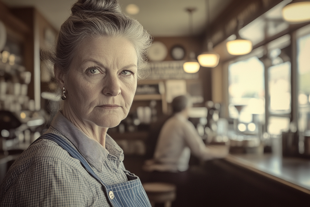 Nostalgic photo of a woman in her 50s wearing a uniform working as a waitress | Source: Midjourney