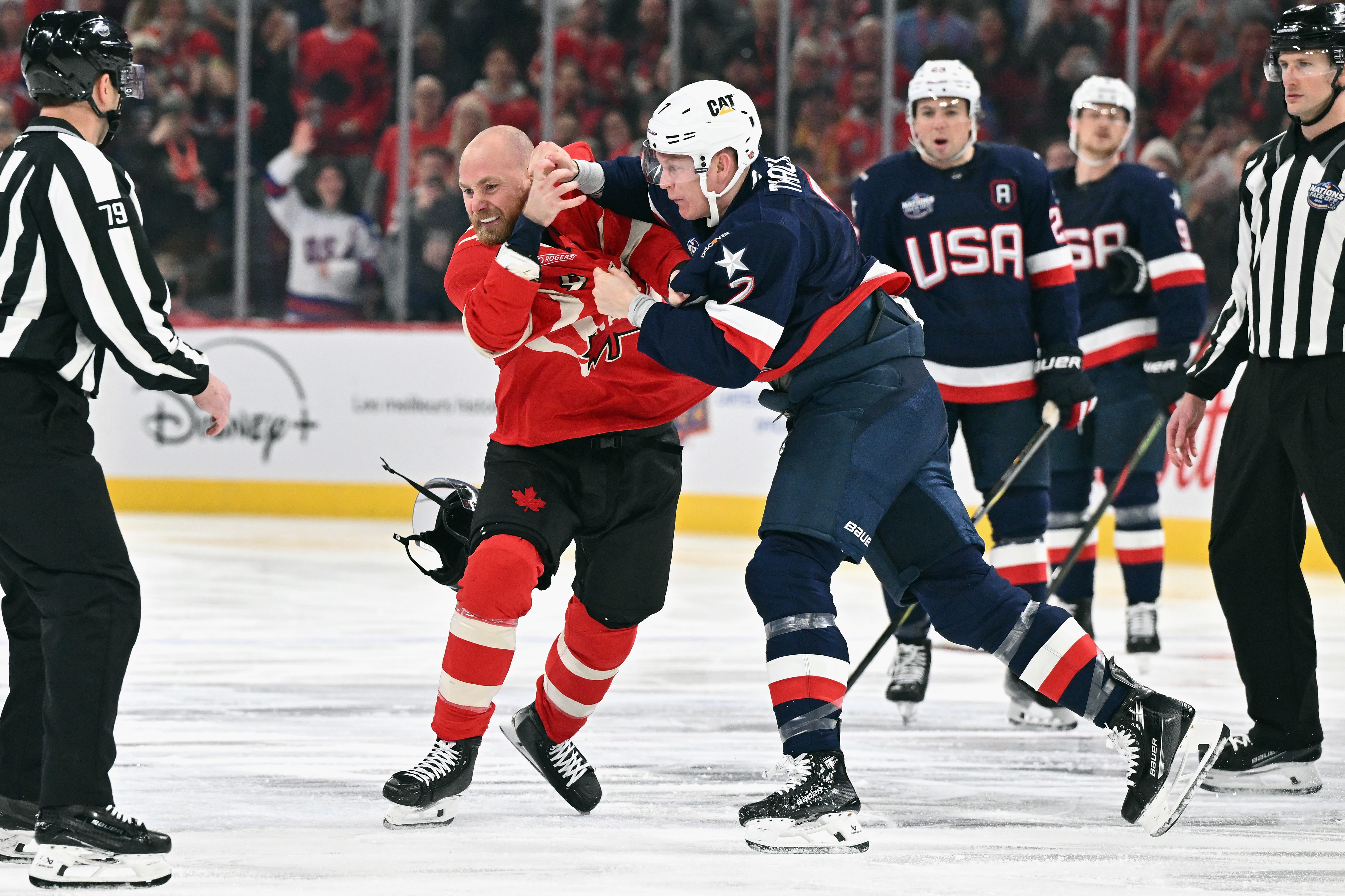 Brady Tkachuk #7 of Team USA and Sam Bennett #9 of Team Canada fight during the first period in the 4 Nations Face-Off game at the Bell Centre on February 15, 2025, in Montreal, Quebec, Canada | Source: Getty Images