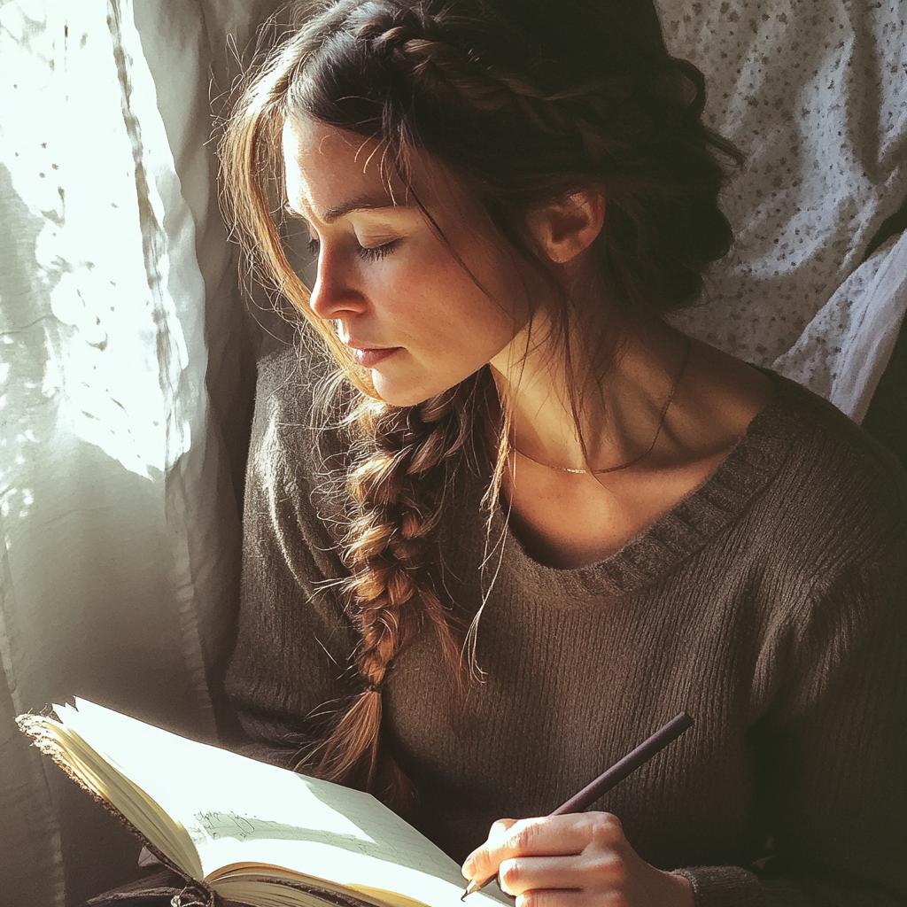 A woman writing in a notebook | Source: Midjourney