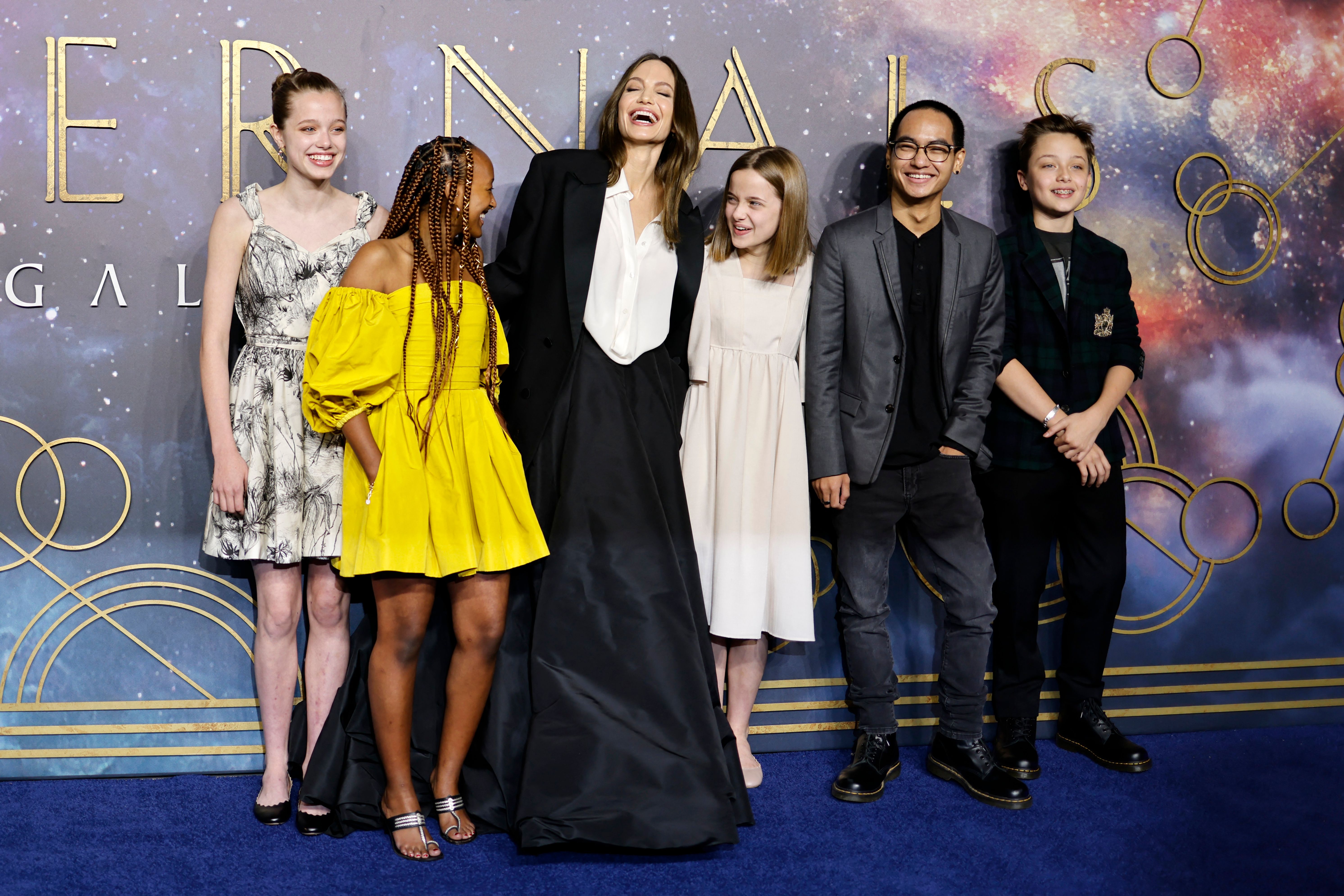 (L-R) Shiloh, Zahara, Angelina, Vivienne, Maddox, and Knox Jolie-Pitt attend the UK Gala Screening of "Eternals," on October 27, 2021, in London, England. | Source: Getty Images