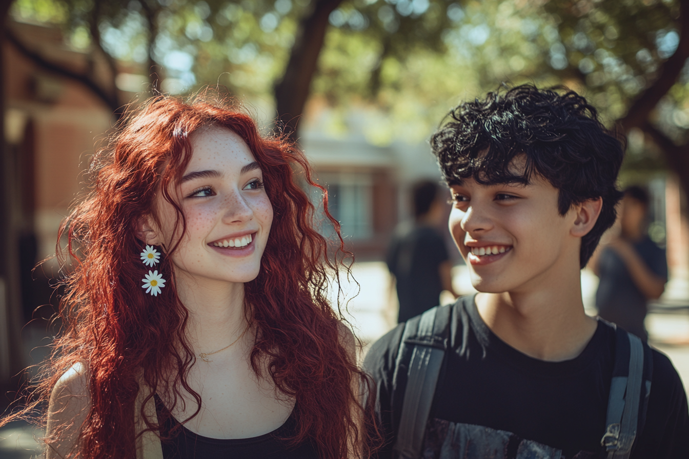 Two teenagers smiling while walking on a school campus | Source: Midjourney