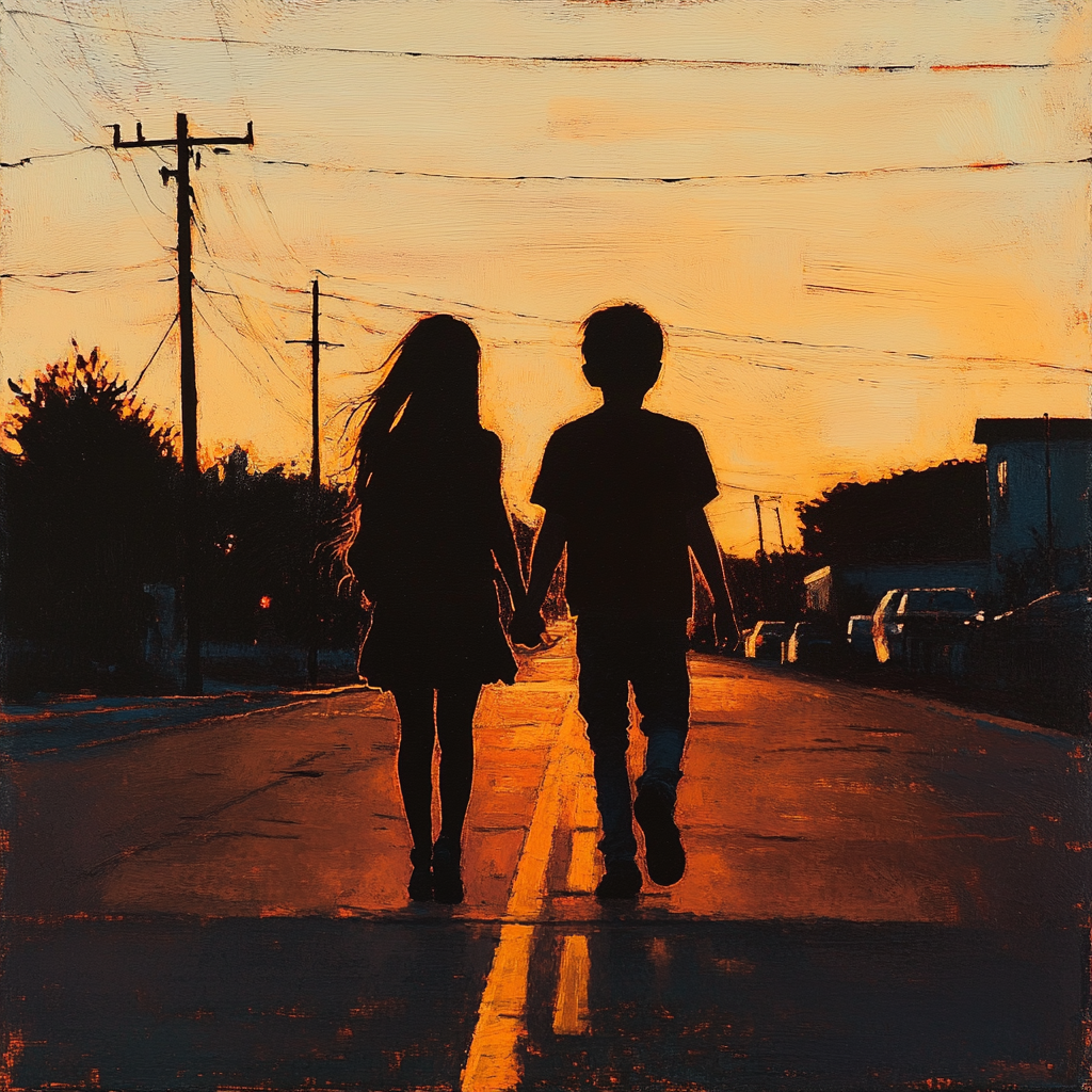 Silhouette of a boy and a girl walking on the road | Source: Midjourney