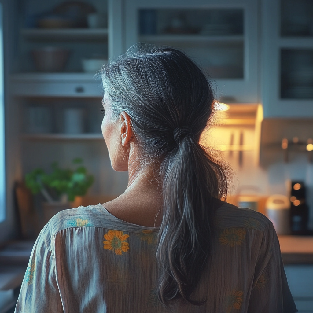 A back view shot of a woman standing in the kitchen | Source: Midjourney