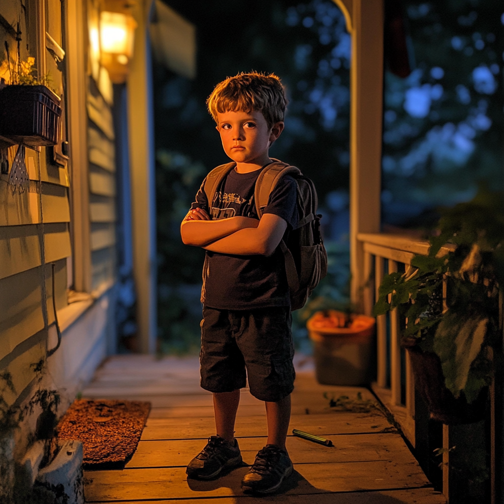 A young boy wearing a backpack, standing on the porch at night with his arms crossed | Source: Midjourney