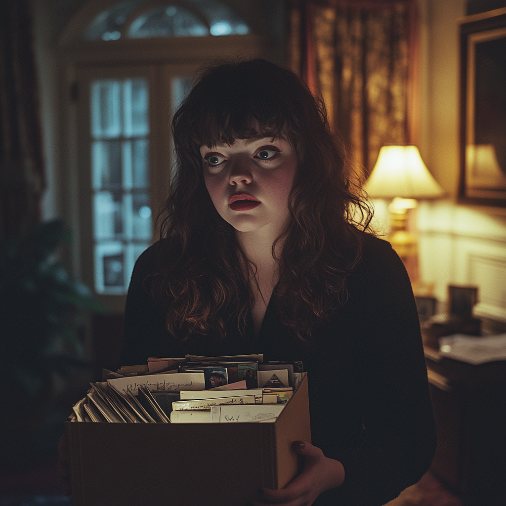 A shocked woman holding a box | Source: Midjourney