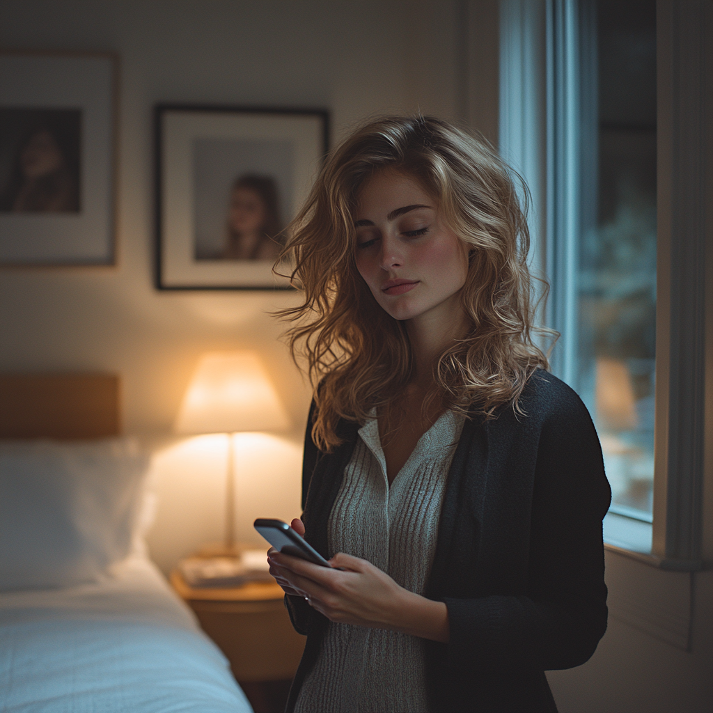 A woman looking at her phone | Source: Midjourney