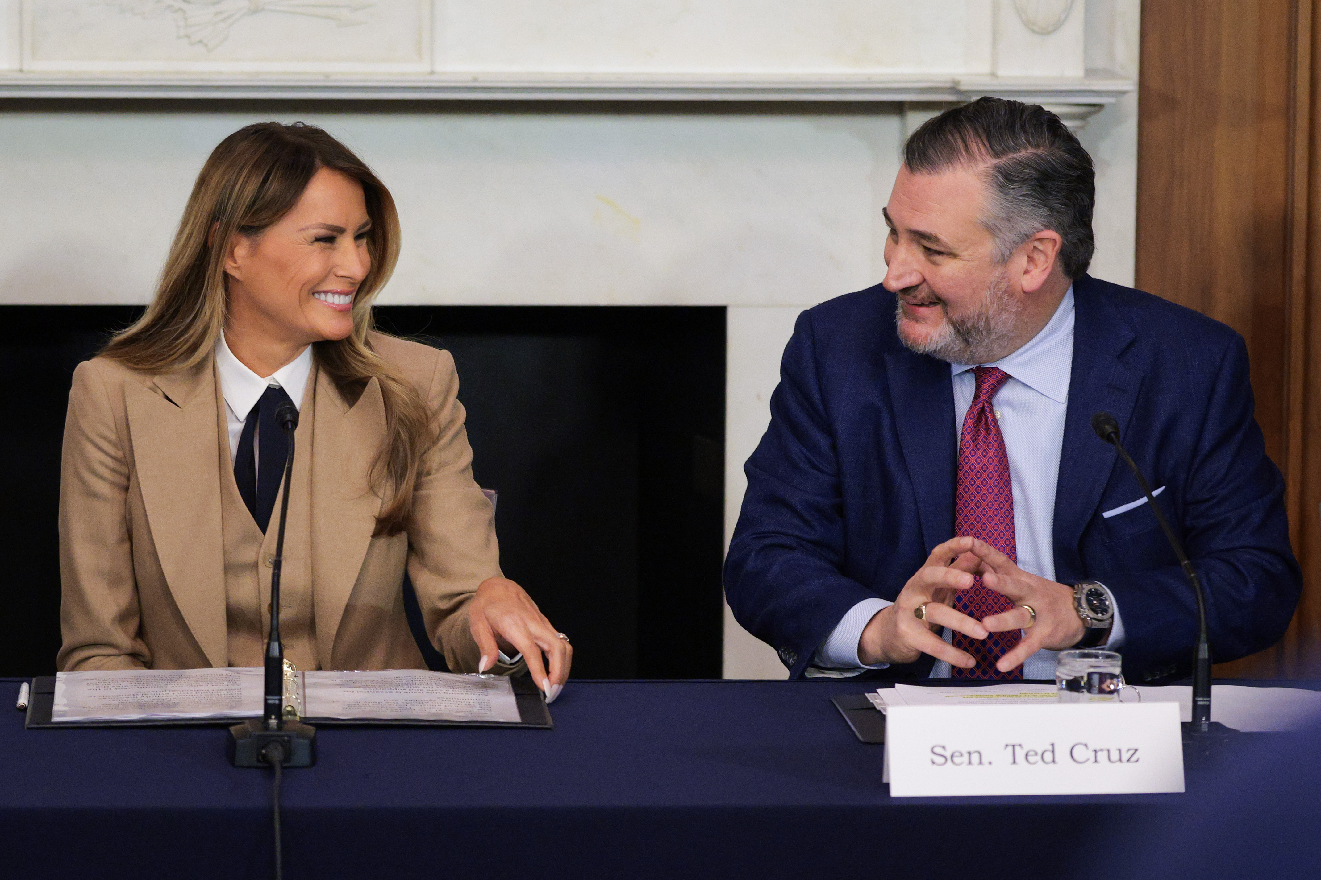 U.S. Senator Ted Cruz (R-TX) introduces and welcomes first lady Melania Trump during a roundtable discussion. | Source: Getty Images