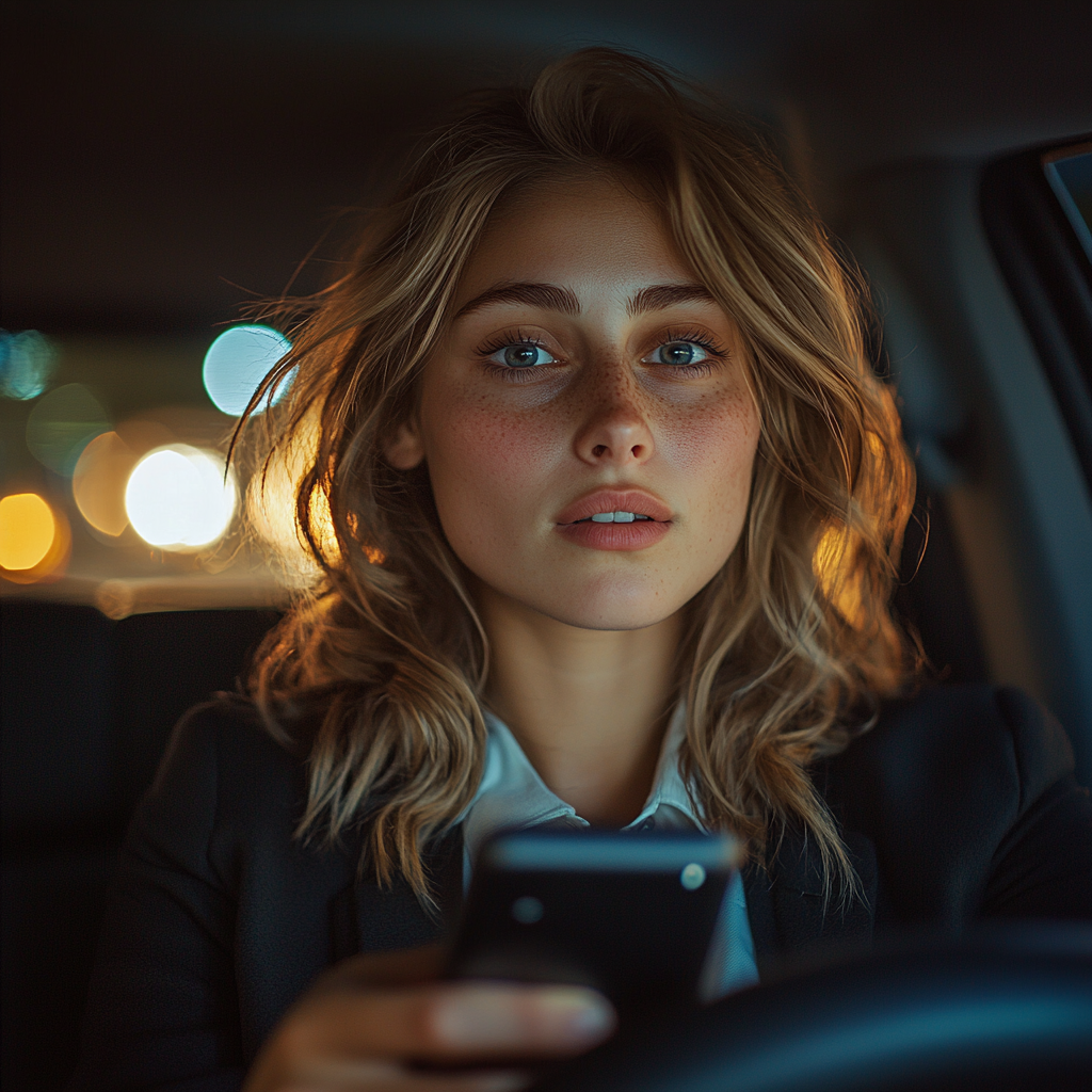 A woman driving while holding her phone | Source: Midjourney