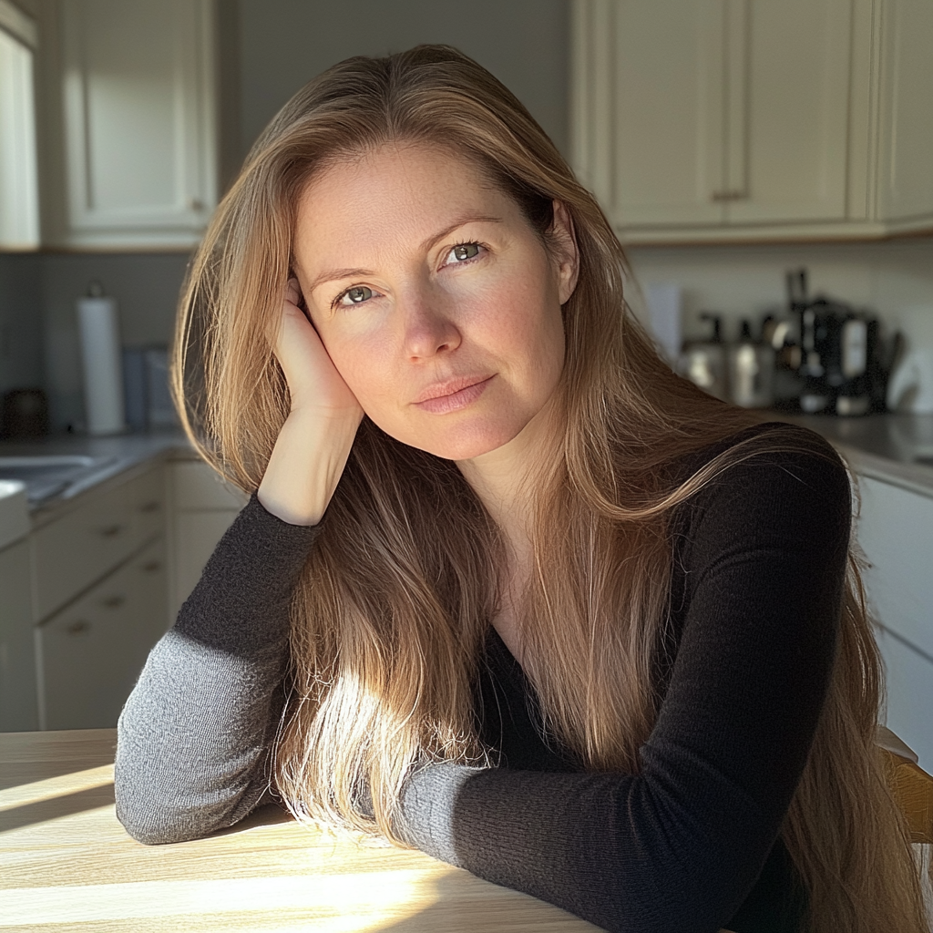 A woman sitting at a kitchen table | Source: Midjourney