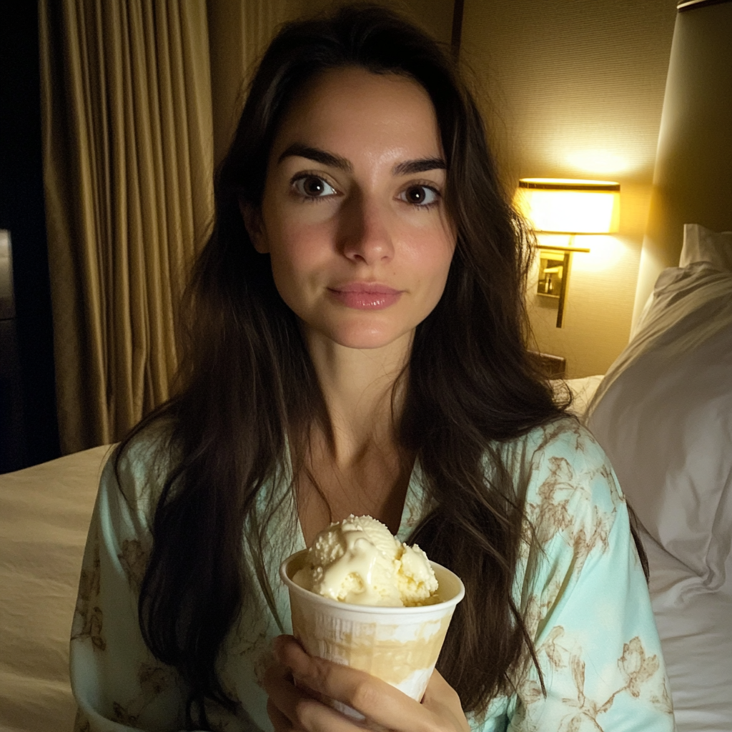 A woman sitting in a hotel room | Source: Midjourney