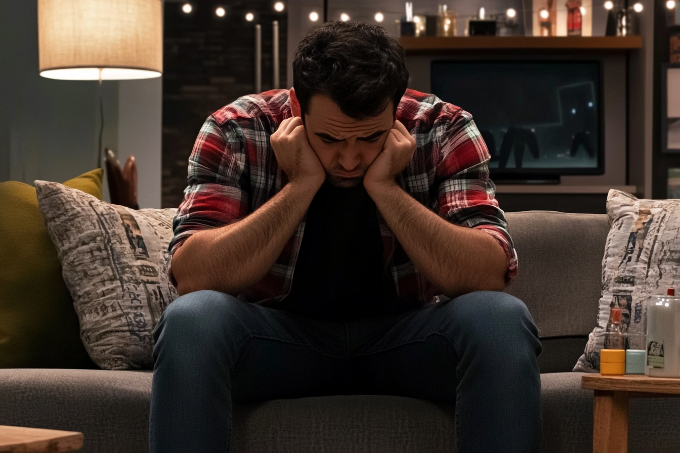 A despondent man sitting on a sofa | Source: Midjourney